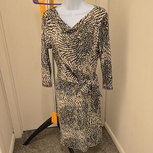 Premise Faux Wrap Long Sleeve Black and Cream Dress
